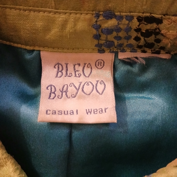 BLEU BAYOU Large Lime Green Silk Blazer Long Sleeves Circular Pattern FL - Picture 2 of 7